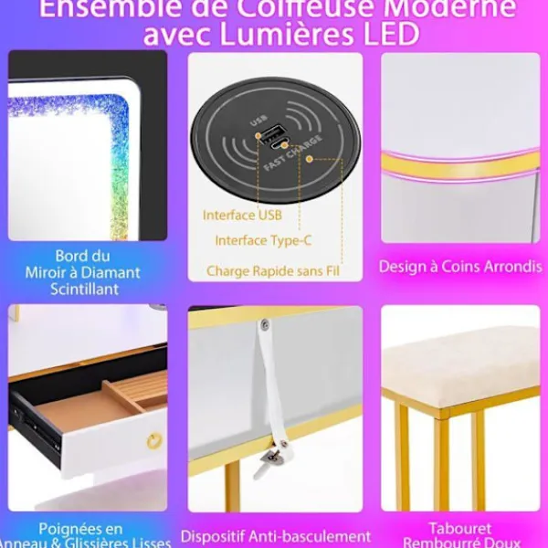 COSTWAY Sminkbord>Sminkbord med pall och spegel, dimbar RGB LED-lampa, trådlös laddningsstation, USB, Type-C, Fjärrkontroll,