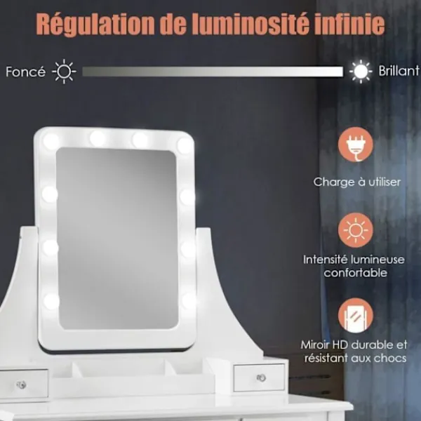 COSTWAY Sminkbord>Sminkbord med pall och 360° roterande spegel - Sminkbord - 10 LED-lampor med justerbar ljusstyrka, 5 lådor