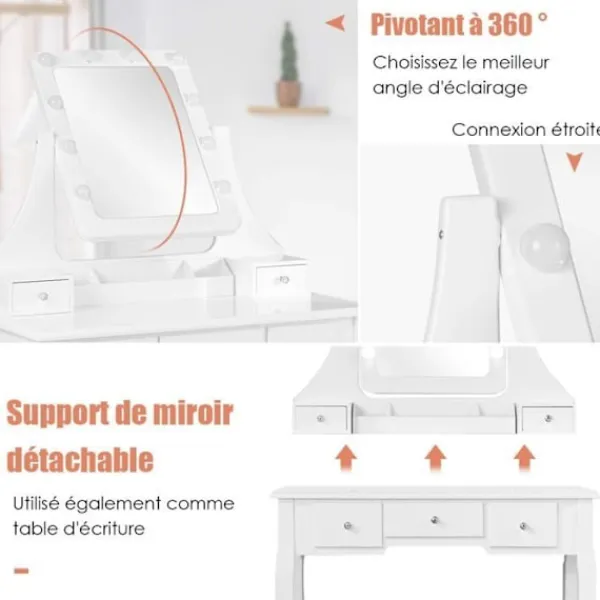 COSTWAY Sminkbord>Sminkbord med pall och 360° roterande spegel - Sminkbord - 10 LED-lampor med justerbar ljusstyrka, 5 lådor