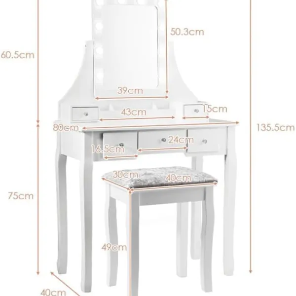 COSTWAY Sminkbord>Sminkbord med pall och 360° roterande spegel - Sminkbord - 10 LED-lampor med justerbar ljusstyrka, 5 lådor