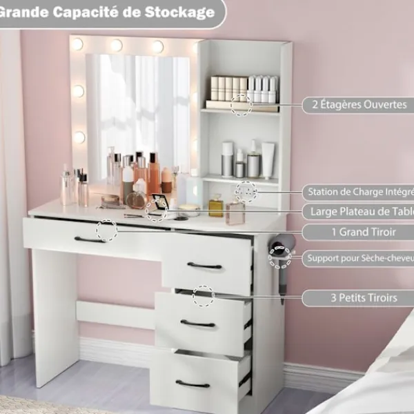 COSTWAY Sminkbord>Sminkbord med Spegel, LED-lampor i 3 Färger, Laddstation, Justerbar Luminiscens, 4 Lådor, Hårtorkshållare