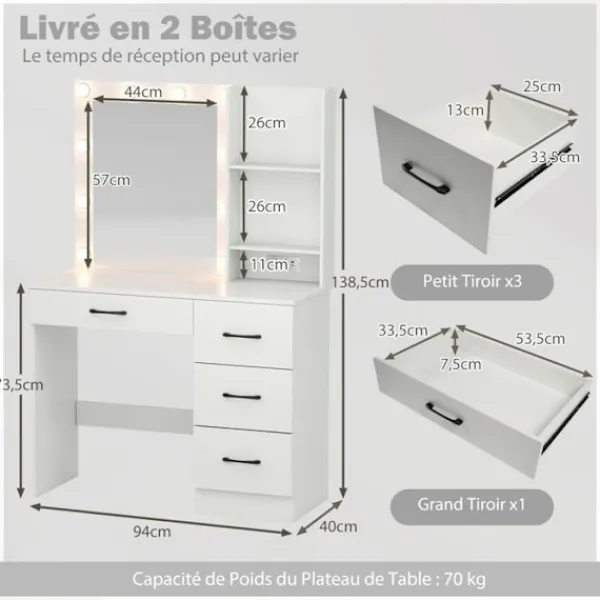 COSTWAY Sminkbord>Sminkbord med Spegel, LED-lampor i 3 Färger, Laddstation, Justerbar Luminiscens, 4 Lådor, Hårtorkshållare