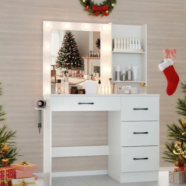COSTWAY Sminkbord>Sminkbord med Spegel, LED-lampor i 3 Färger, Laddstation, Justerbar Luminiscens, 4 Lådor, Hårtorkshållare