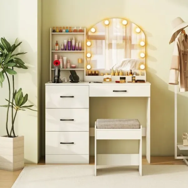 COSTWAY Sminkbord>Sminkbord och Stol, med Spegel och Justerbart LED-ljus i 3 Färger, Laddstation, 4 Lådor,