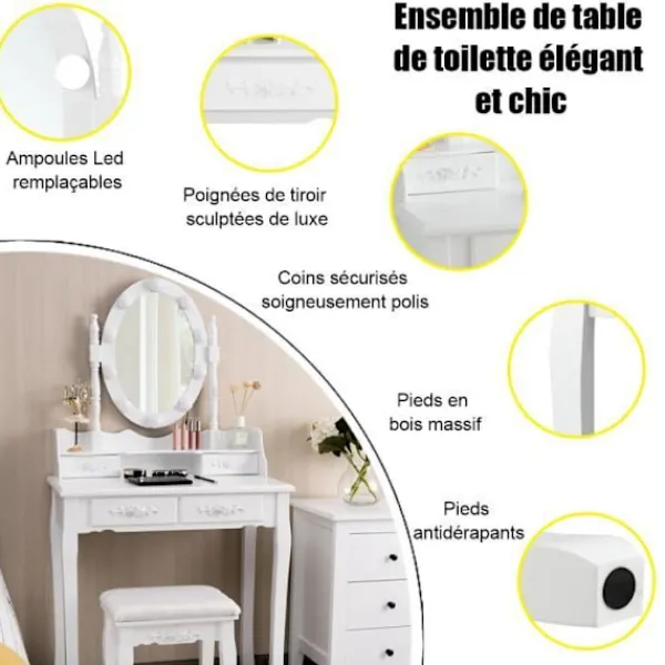 COSTWAY Sminkbord>Sminkbord Sminkbord med pall - 360° vridbar oval spegel, justerbar glödlampa i 3 färger, 4 lådor - vit