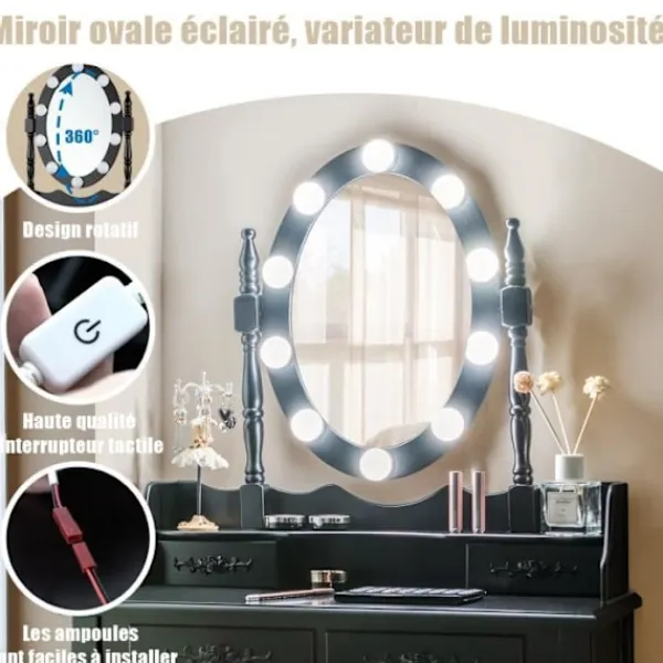 COSTWAY Sminkbord>Sminkbord Sminkbord med pall - 360° vridbar oval spegel, justerbar glödlampa i 3 färger, 4 lådor - svart
