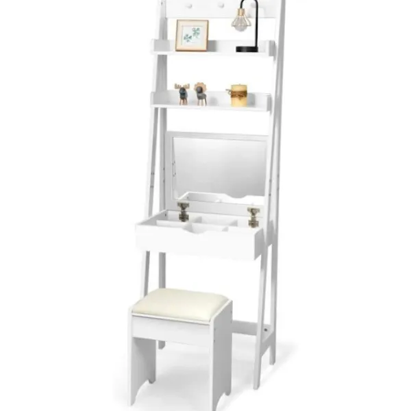 COSTWAY Sminkbord>Sminkbord/sminkbord med spegel och pall, modernt kosmetiskt bord med 2 hyllor och 3 krokar,