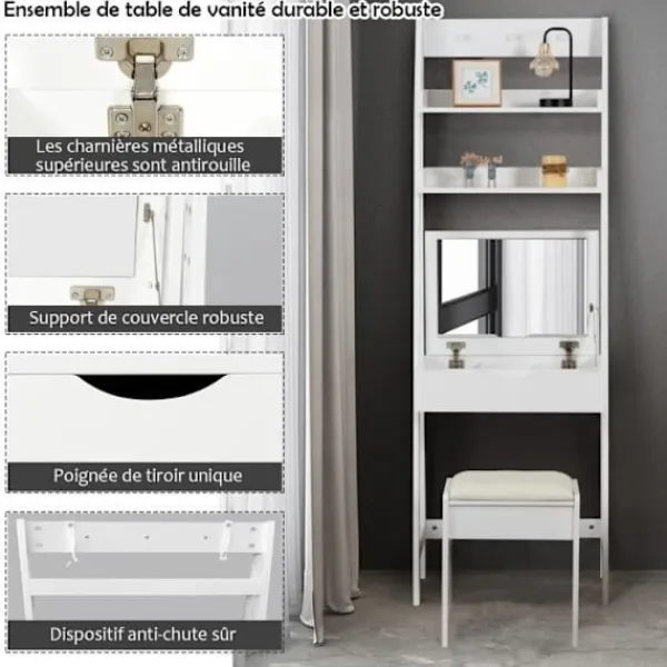 COSTWAY Sminkbord>Sminkbord/sminkbord med spegel och pall, modernt kosmetiskt bord med 2 hyllor och 3 krokar,