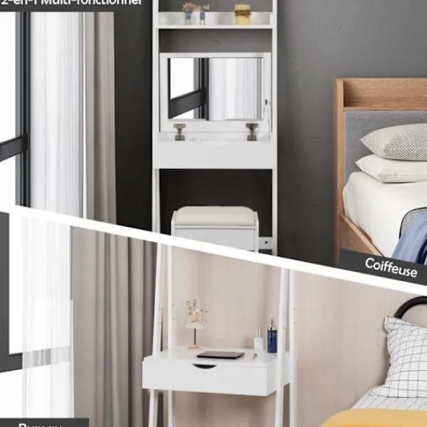 COSTWAY Sminkbord>Sminkbord/sminkbord med spegel och pall, modernt kosmetiskt bord med 2 hyllor och 3 krokar,