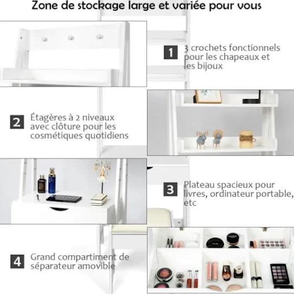 COSTWAY Sminkbord>Sminkbord/sminkbord med spegel och pall, modernt kosmetiskt bord med 2 hyllor och 3 krokar,