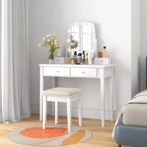 COSTWAY Sminkbord>Sminkbordsset med pall och 360° vridbar belyst spegel, 10 dimbara LED-lampor, 4 lådor,