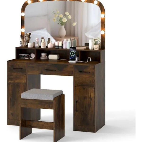 COSTWAY Sminkbord>Smyckebord med Pall, Hollywood Sminkspegel med Justerbara LED-lampor, Laddstation, Brun