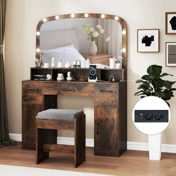 COSTWAY Sminkbord>Smyckebord med Pall, Hollywood Sminkspegel med Justerbara LED-lampor, Laddstation, Brun
