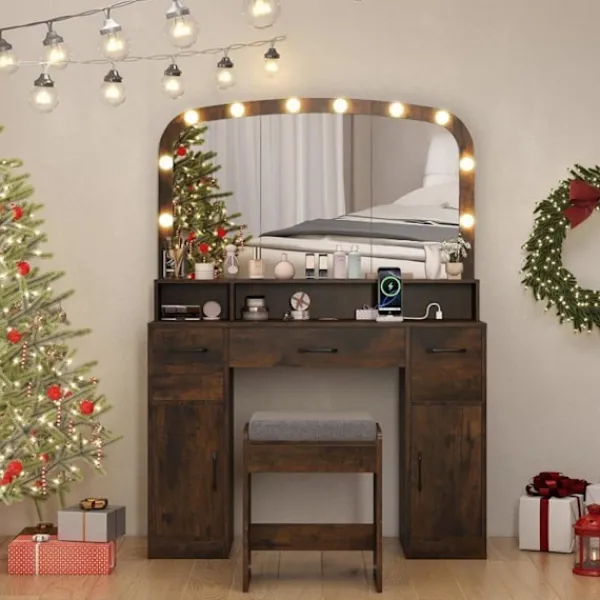 COSTWAY Sminkbord>Smyckebord med Pall, Hollywood Sminkspegel med Justerbara LED-lampor, Laddstation, Brun