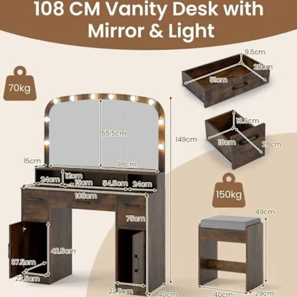 COSTWAY Sminkbord>Smyckebord med Pall, Hollywood Sminkspegel med Justerbara LED-lampor, Laddstation, Brun