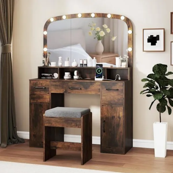 COSTWAY Sminkbord>Smyckebord med Pall, Hollywood Sminkspegel med Justerbara LED-lampor, Laddstation, Brun