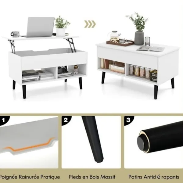 COSTWAY Soffbord>Soffbord med hiss Modernt vardagsrumsbord med dold förvaring 2 öppna fack 80x40x44,5-58CM