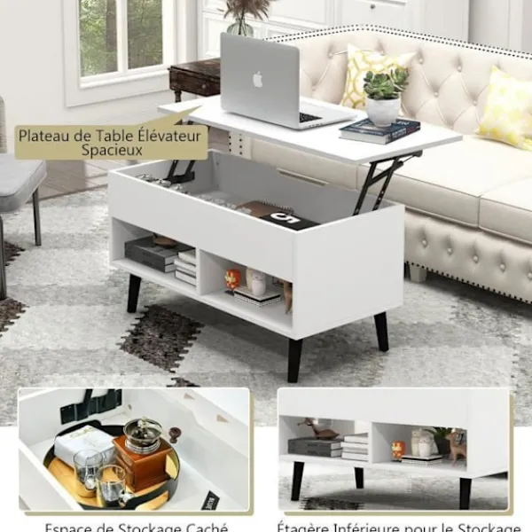 COSTWAY Soffbord>Soffbord med hiss Modernt vardagsrumsbord med dold förvaring 2 öppna fack 80x40x44,5-58CM