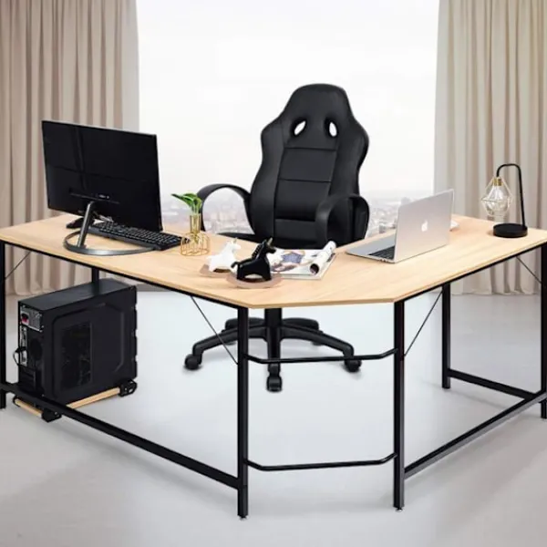 COSTWAY Kontorsmöbler>Stort hörnskrivbord L168 x W125 x H74CM - Upp till 3 datorer med CPU-hållare i industriell stil, ram i naturmetall