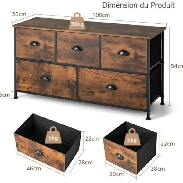 COSTWAY Kistor & Koffertar>Tyg byrå med 5 icke-vävda lådor, 100 x 30 x 54 cm Förvaringsskåp, metallstomme, skåp, vardagsrum, sovrum