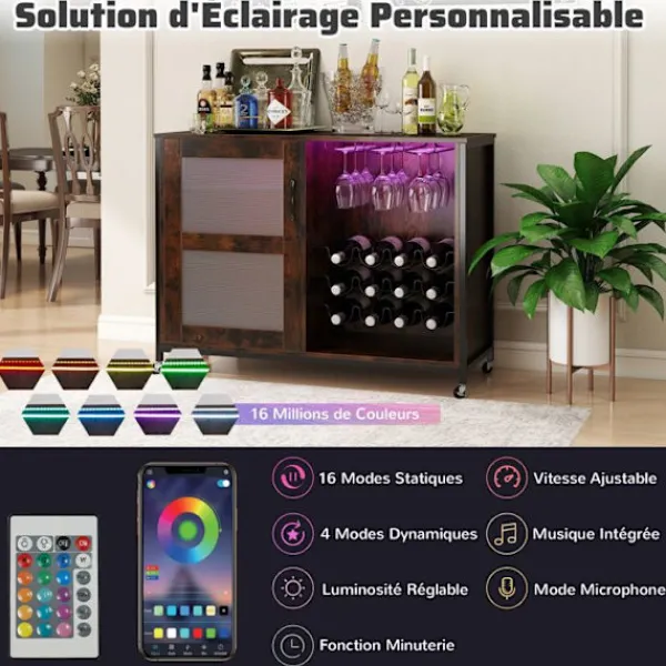 COSTWAY Sideboards>Vinbar med LED-lampor, Justerbara hyllor, Glas- och flaskstöd, Köksskänk på hjul