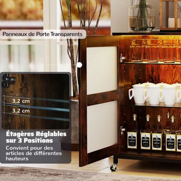 COSTWAY Sideboards>Vinbar med LED-lampor, Justerbara hyllor, Glas- och flaskstöd, Köksskänk på hjul