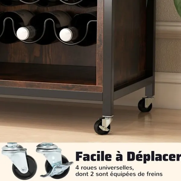 COSTWAY Sideboards>Vinbar med LED-lampor, Justerbara hyllor, Glas- och flaskstöd, Köksskänk på hjul