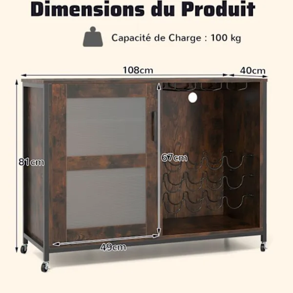 COSTWAY Sideboards>Vinbar med LED-lampor, Justerbara hyllor, Glas- och flaskstöd, Köksskänk på hjul