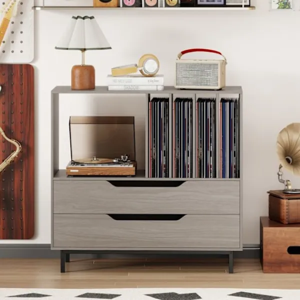 COSTWAY Sideboards>Vinylskivlagring med 2 lådor, 5 fack, 4 hyllor, för vardagsrum, musikrum, grå
