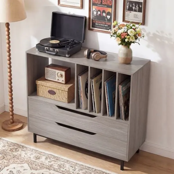 COSTWAY Sideboards>Vinylskivlagring med 2 lådor, 5 fack, 4 hyllor, för vardagsrum, musikrum, grå