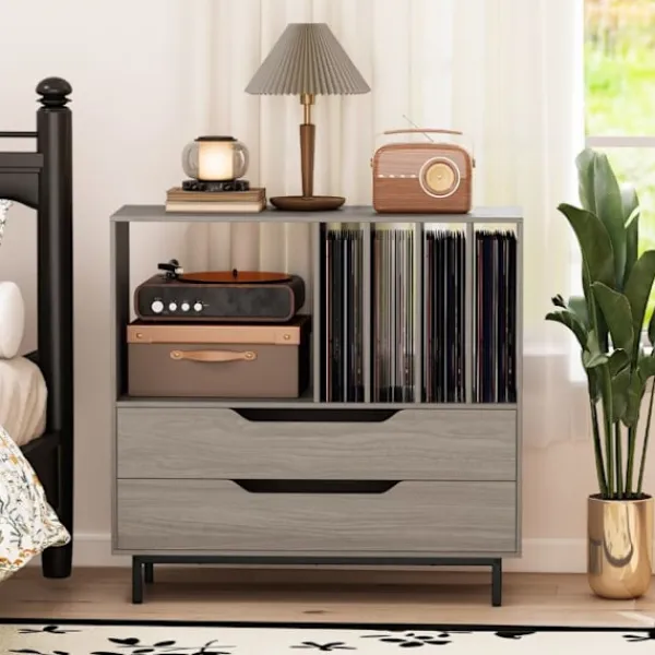 COSTWAY Sideboards>Vinylskivlagring med 2 lådor, 5 fack, 4 hyllor, för vardagsrum, musikrum, grå