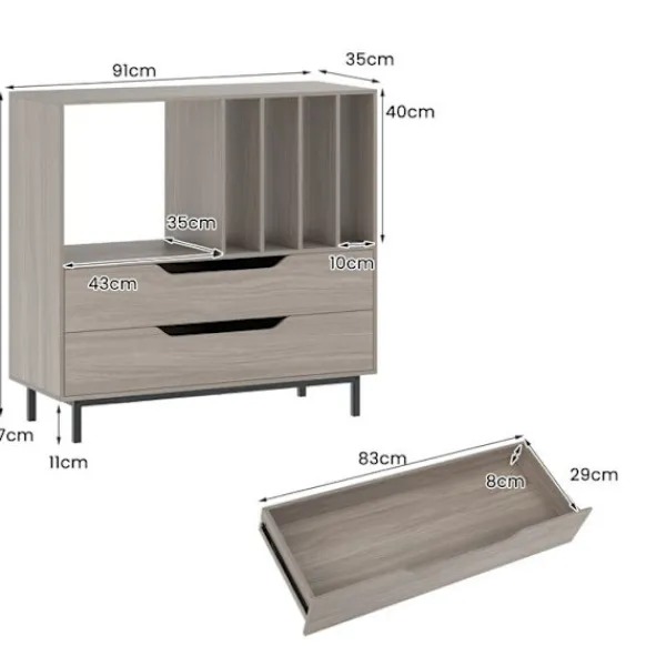 COSTWAY Sideboards>Vinylskivlagring med 2 lådor, 5 fack, 4 hyllor, för vardagsrum, musikrum, grå