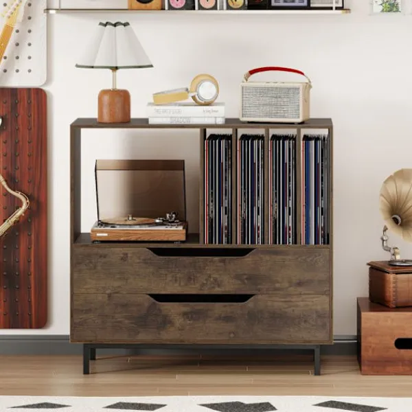 COSTWAY Sideboards>Vinylskivor Förvaringsstöd med 2 Lådor, 5 Fack, 4 Hyllor, för Vardagsrum, Musikrum Brun