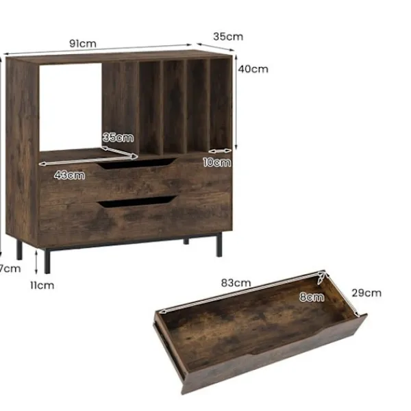 COSTWAY Sideboards>Vinylskivor Förvaringsstöd med 2 Lådor, 5 Fack, 4 Hyllor, för Vardagsrum, Musikrum Brun