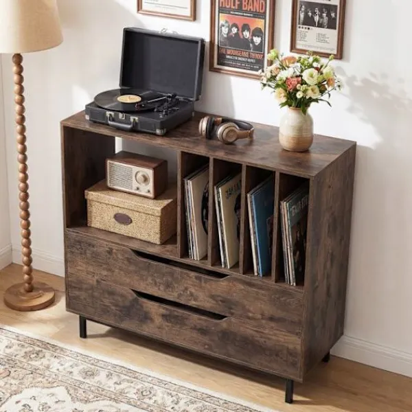 COSTWAY Sideboards>Vinylskivor Förvaringsstöd med 2 Lådor, 5 Fack, 4 Hyllor, för Vardagsrum, Musikrum Brun