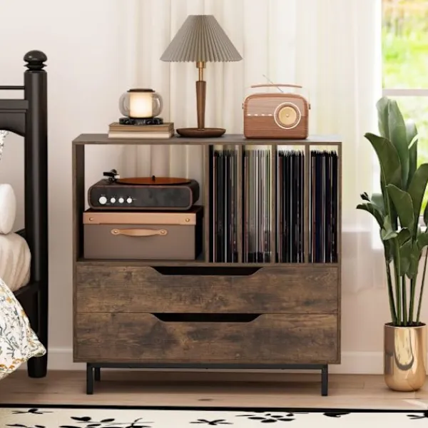 COSTWAY Sideboards>Vinylskivor Förvaringsstöd med 2 Lådor, 5 Fack, 4 Hyllor, för Vardagsrum, Musikrum Brun