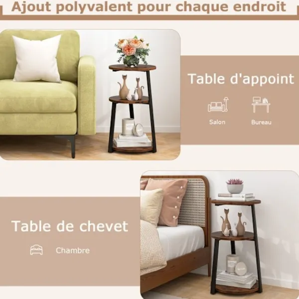 COSTWAY Småbord>3-vånings runt soffbord, sidobord med justerbara glider, industriellt sängbord för kontor i vardagsrummet i sovrummet | Fyndiq