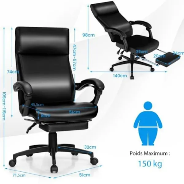 COSTWAY Kontorsmöbler>Vridbar kontorsstol Ergonomiskt fällbart ryggstöd med höjdjusterbart fotstöd 62 x 71,5 x 109-119 cm