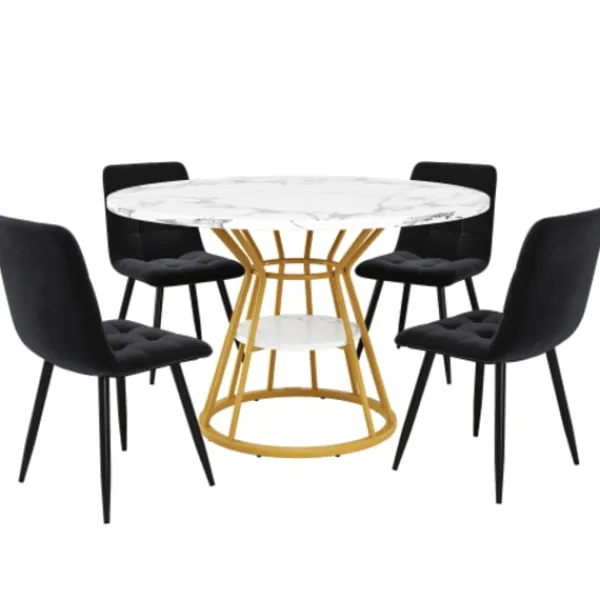 Matgrupper>5-delat matgrupp med 4 sammetsstolar & marmorbord | Runt bord 100x100x76cm | För 4 personer | Alternativ till soffbord | Svart