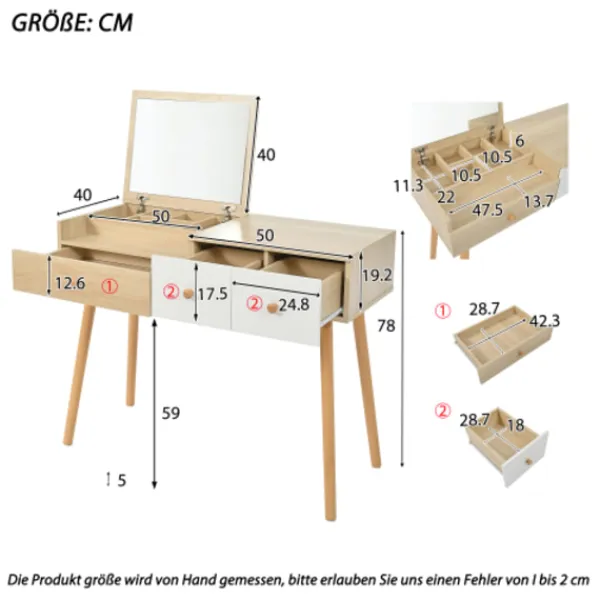 Sminkbord>Elegant sminkbord med spegel & lådor – Kosmetiskt träbord med stort förvaringsutrymme – 100×40×78 cm (B/D/H)