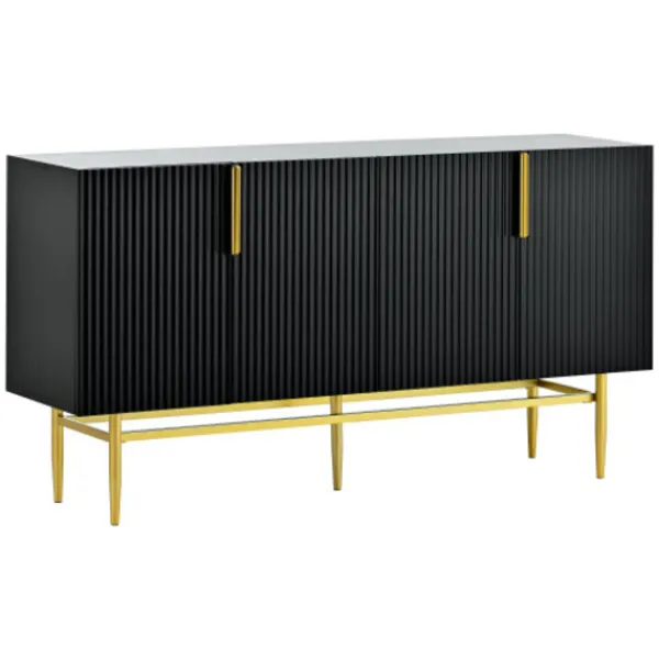 Sideboards>Elegant svart skänk med 4 dörrar – handtag i guldmetall – modernt bufféskåp för matsal/vardagsrum/golv