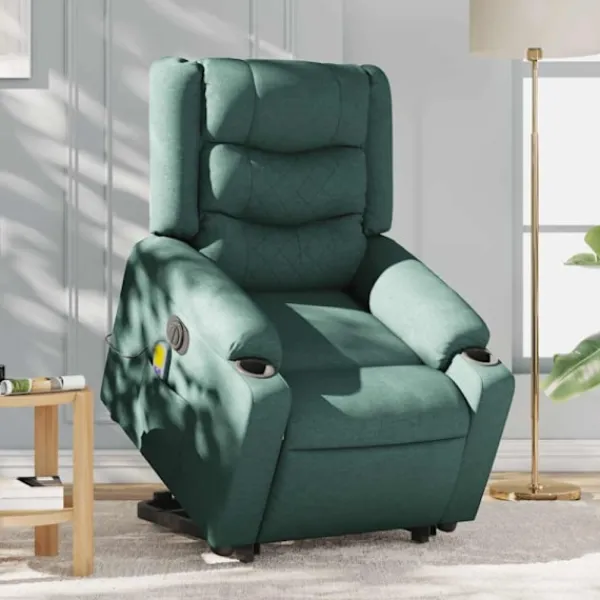 vidaXL Fåtöljer>Elektrisk massagefåtölj med uppresningshjälp mörkgrön tyg