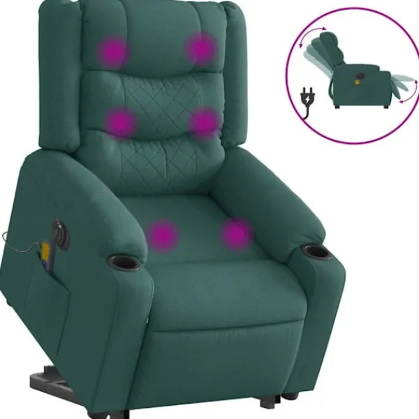 vidaXL Fåtöljer>Elektrisk massagefåtölj med uppresningshjälp mörkgrön tyg