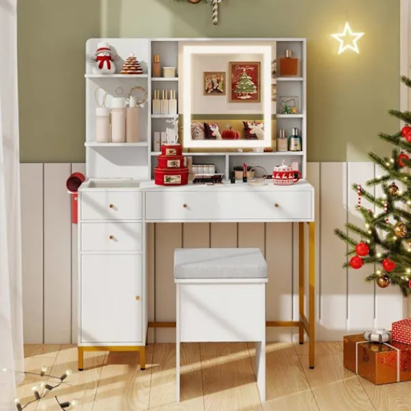 COSTWAY Sminkbord>Ensemble Coiffeuse och Taburett med Belyst Spegel , Laddningsstation LED-lampor 3 Färger, Lådor, Glasyta