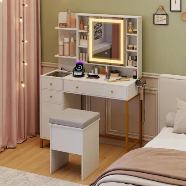 COSTWAY Sminkbord>Ensemble Coiffeuse och Taburett med Belyst Spegel , Laddningsstation LED-lampor 3 Färger, Lådor, Glasyta