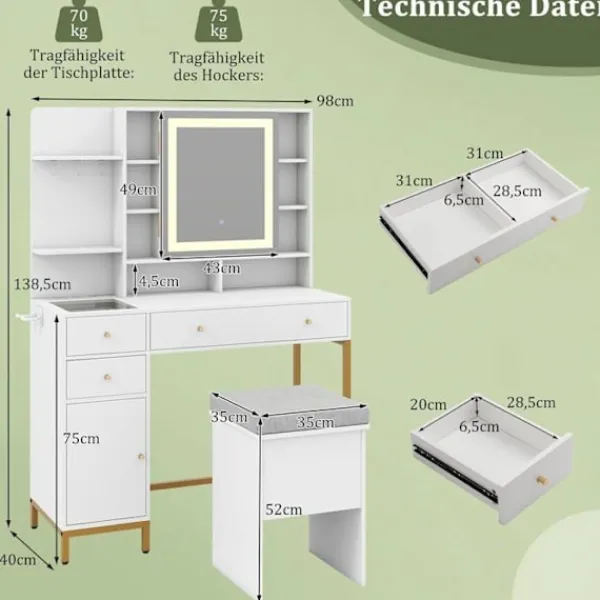COSTWAY Sminkbord>Ensemble Coiffeuse och Taburett med Belyst Spegel , Laddningsstation LED-lampor 3 Färger, Lådor, Glasyta