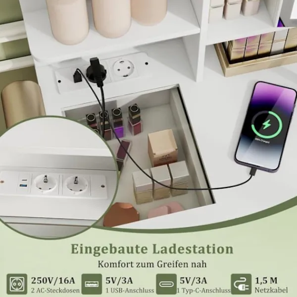 COSTWAY Sminkbord>Ensemble Coiffeuse och Taburett med Belyst Spegel , Laddningsstation LED-lampor 3 Färger, Lådor, Glasyta