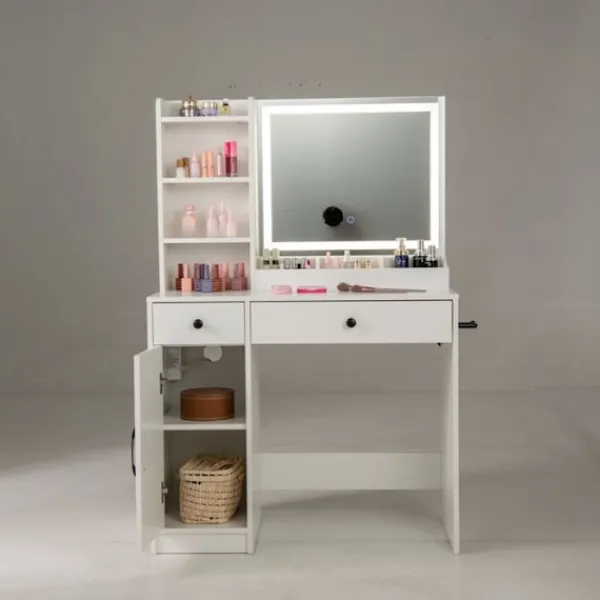 COSTWAY Sminkbord>Ensemble Coiffeuse och Taburett med LED Spegel , Justerbara Färger, Laddningsstation, 2 Lådor, Förvaringsutrymme,