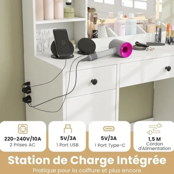 COSTWAY Sminkbord>Ensemble Coiffeuse och Taburett med LED Spegel , Justerbara Färger, Laddningsstation, 2 Lådor, Förvaringsutrymme,