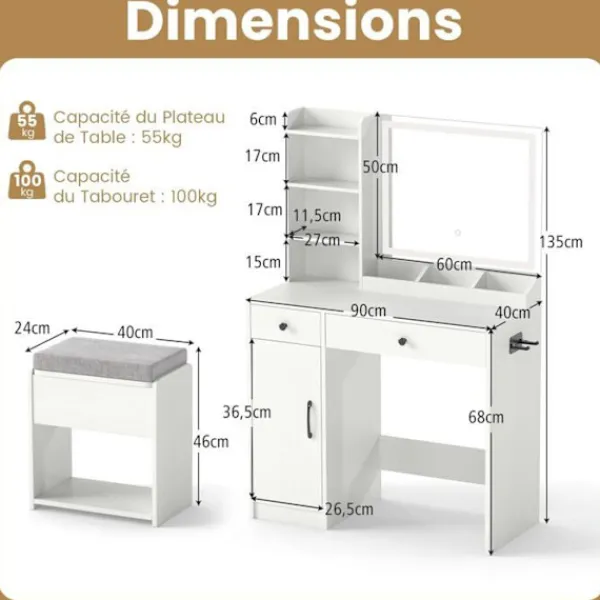 COSTWAY Sminkbord>Ensemble Coiffeuse och Taburett med LED Spegel , Justerbara Färger, Laddningsstation, 2 Lådor, Förvaringsutrymme,